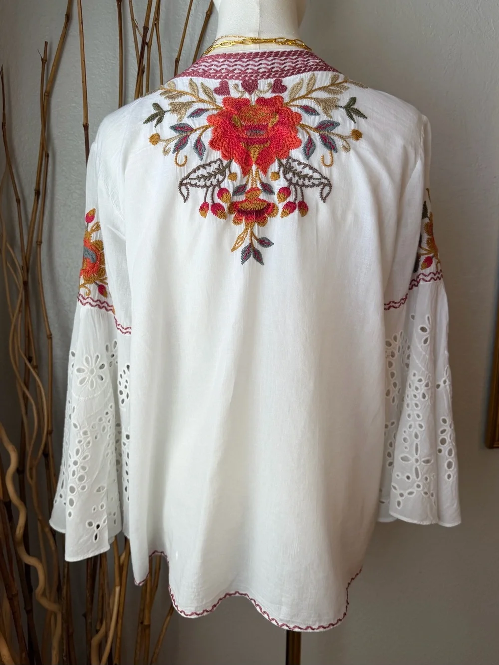 Johnny Was Embroidered V-Neck Bell Sleeve Top - White with Red Floral Sz Medium